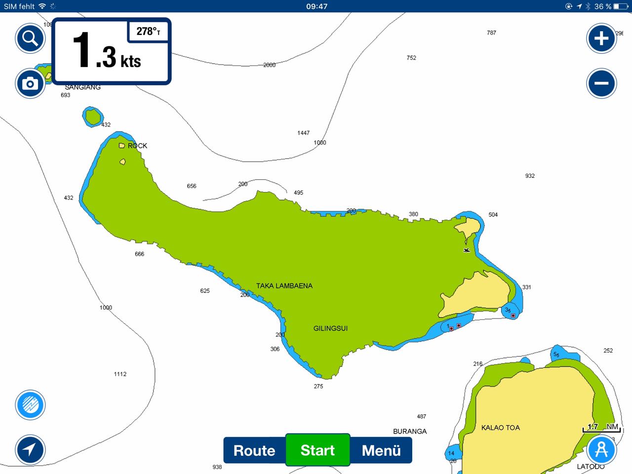 Die Lagune von Karompa Lompo ist laut den Karten von Navionics und iSailor nicht befahrbar.s